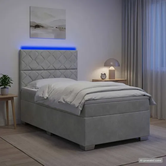 vidaXL Box Spring Seng med madras og LED - Lysegrå Fløjl 90x190 cm