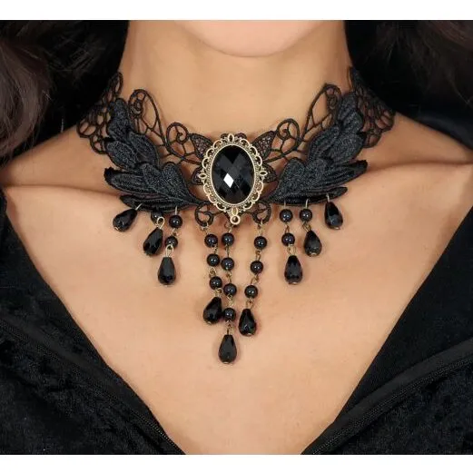 Ukendt mærke: Gotisk choker med sort sten (justerbar)