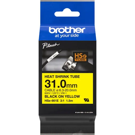 Brother HSe-661E Varmekrymperørtape, Sort på Gul, 31 mm x 1,5 m