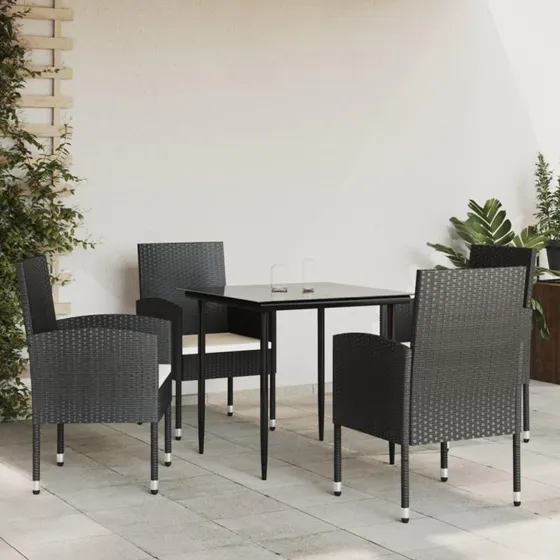 Spisebordssæt til haven 5 dele i sort polyrattan og stål