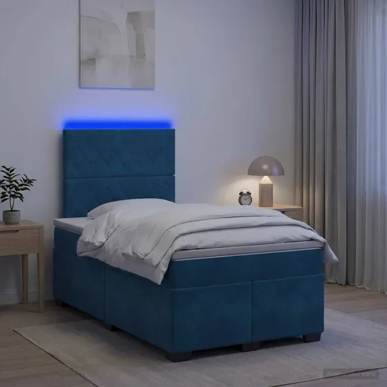 vidaXL Boxmadras med topmadras og hovedgærde, Blå Fløjl, 120x190 cm
