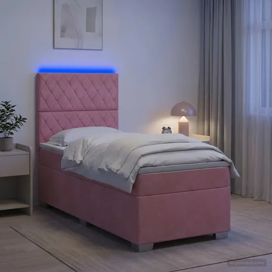 vidaXL Boksmadras med topmadras og LED, Lyserød Fløjl, 80x200 cm