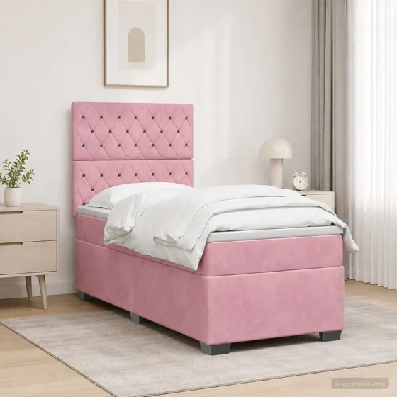vidaXL Boxmadras med topmadras Lyserød Fløjl 90 x 190 cm
