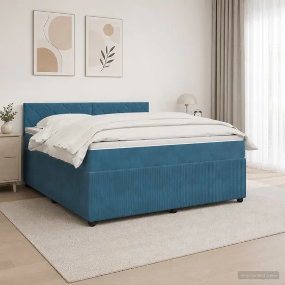 vidaXL Boksmadras 140 x 200 cm med topmadras og hovedgærde, Blå Fløjl