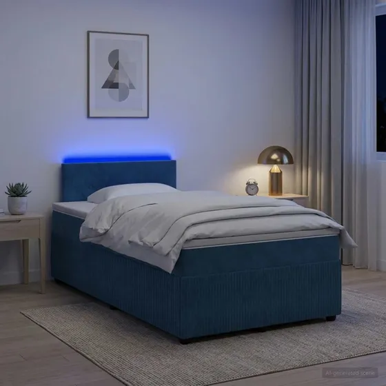 vidaXL Boxmadras med topmadras og hovedgærde, Blå Fløjl, 120x190 cm