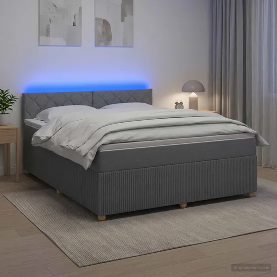 vidaXL Boxmadras med topmadras og LED, Lysegrå, 160 x 200 cm