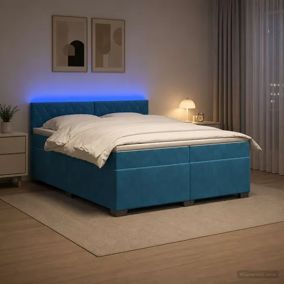 vidaXL Box Spring Seng med LED, Blå Velour, 200 x 200 cm