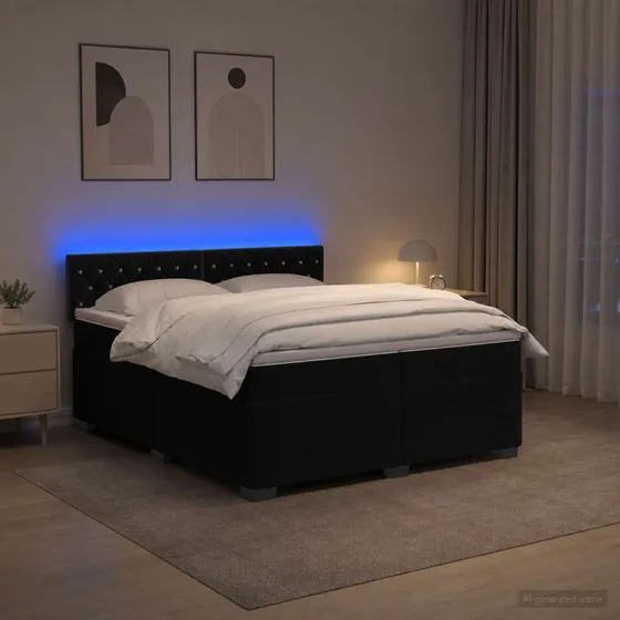 vidaXL Box Spring Seng med LED, Velour, Sort, 200 x 200 cm