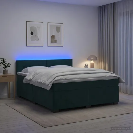vidaXL Box Spring Seng med LED, Mørkegrøn Velour, 160 x 200 cm