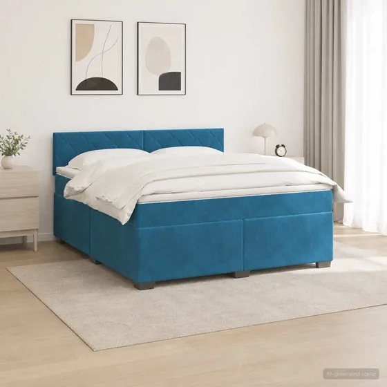 vidaXL Box Spring Seng med LED og madras, Blå Velour, 140x200 cm