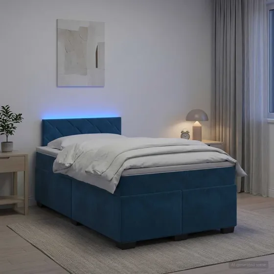 vidaXL Box Spring Seng med LED og madras, blå velour, 120x200 cm