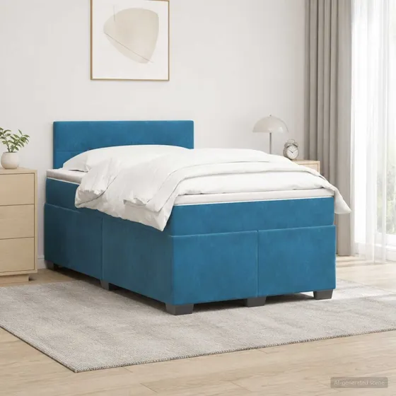 vidaXL Box Spring Seng med LED og madras, Blå Velour, 120x200 cm