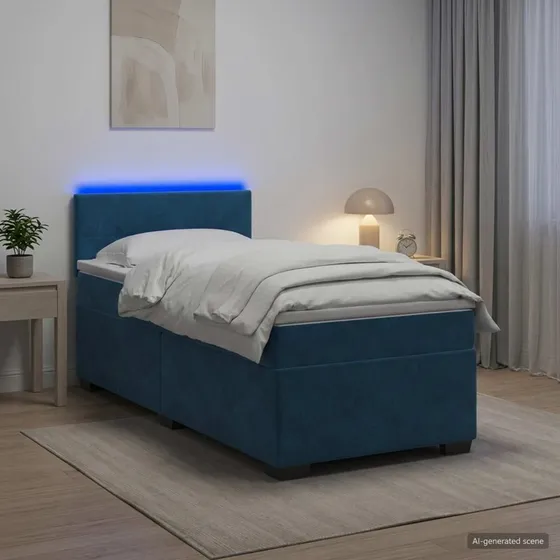 vidaXL Box Spring Seng med LED og Madras, Blå Velour, 90 x 200 cm