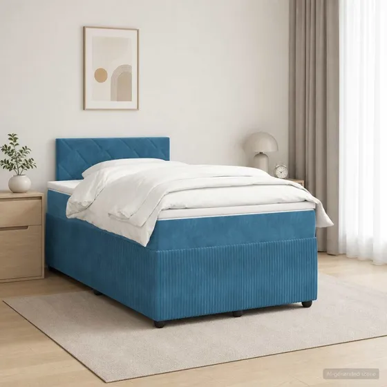 vidaXL Boxmadras med topmadras og hovedgærde, Blå Fløjl, 120x190 cm