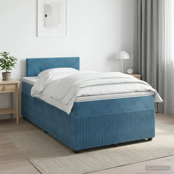 vidaXL Boxmadras med topmadras og hovedgærde, Blå Fløjl, 120x190 cm
