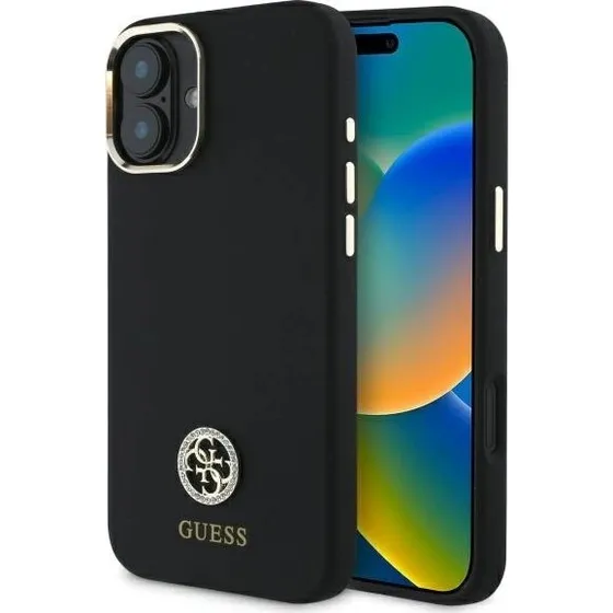 Guess iPhone 16 Cover Silikone Logo Rhinestone 4G - Sort