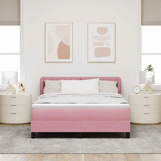 vidaXL Box spring seng med hovedgærde, lyserød fløjl, 140 x 190 cm