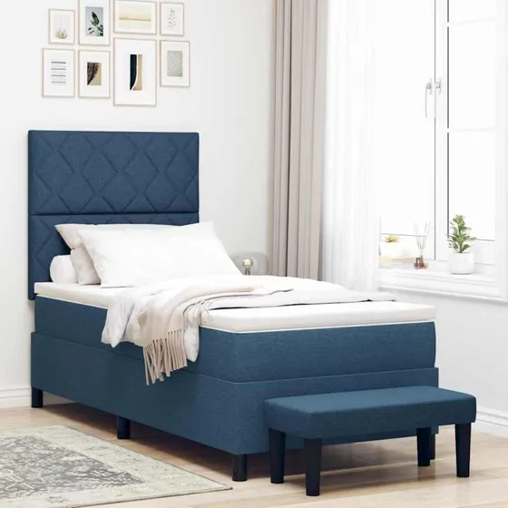 vidaXL Boxspring seng med hovedgærde og bænk, Blå, 90 x 190 cm