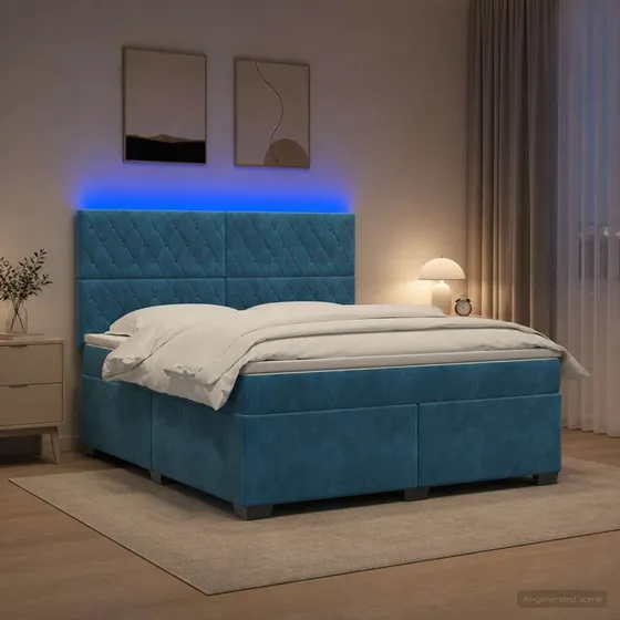 vidaXL Boxmadras 180 x 200 cm Blå Fløjl med Hovedgærde