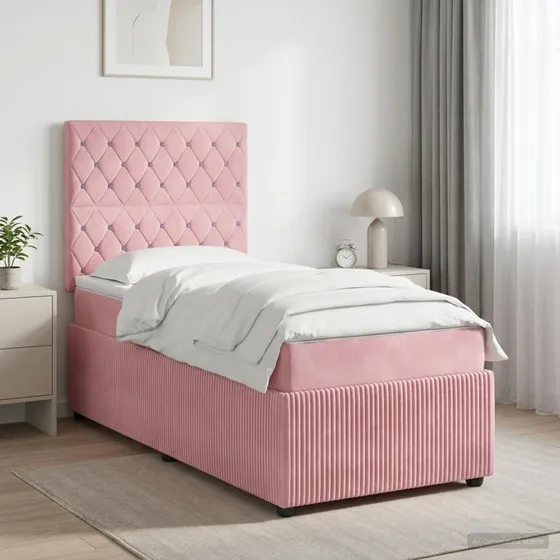 vidaXL Boxmadras med topmadras Lyserød Fløjl 90 x 200 cm