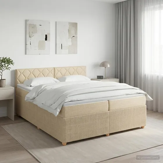 vidaXL Boxmadras med topmadras og sengegavl, 200 x 200 cm, Cremefarvet