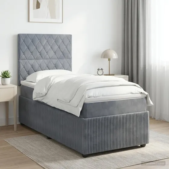 vidaXL Boxmadras med topmadras 100 x 200 cm Mørkegrå Fløjl
