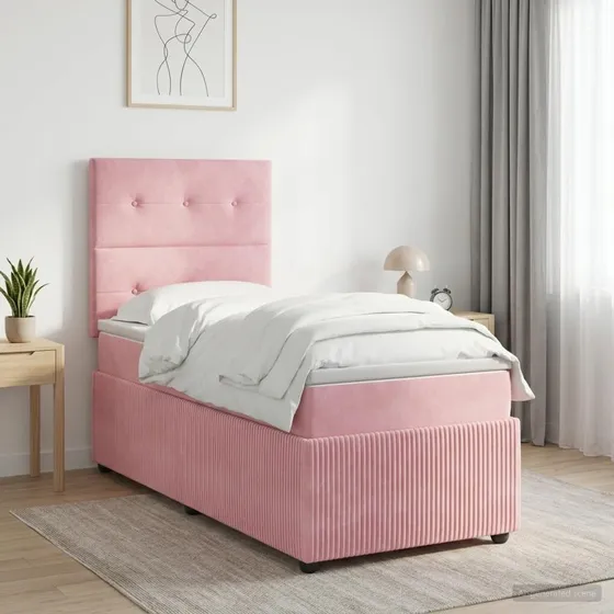 vidaXL Boxmadras med topmadras Lyserød Fløjl 90 x 190 cm