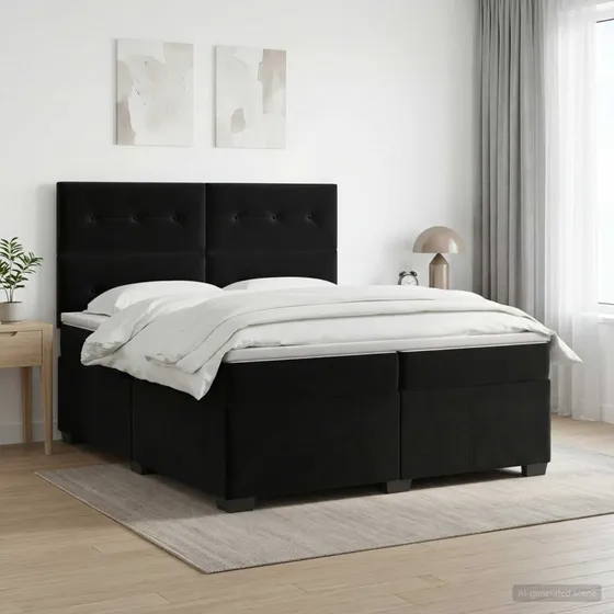 vidaXL Boxmadras med topmadras og hovedgærde, Sort Fløjl, 200x200 cm