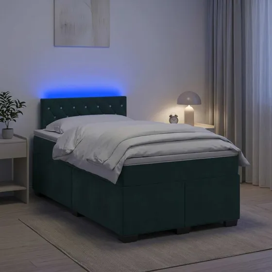 vidaXL Box Spring Seng med LED, Mørkegrøn Velour, 120 x 190 cm