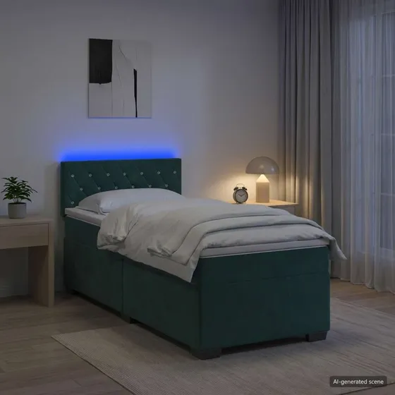 vidaXL Box Spring Seng med LED, Mørkegrøn Velour, 100 x 200 cm