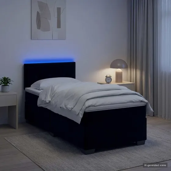 vidaXL Box Spring Seng med LED, Velour, Sort, 90 x 200 cm