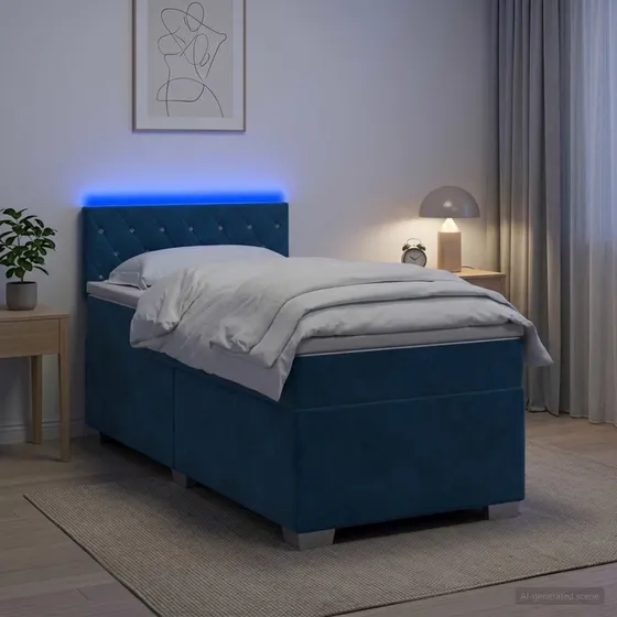 vidaXL Box Spring Seng med LED, Blå Velour, 80 x 200 cm