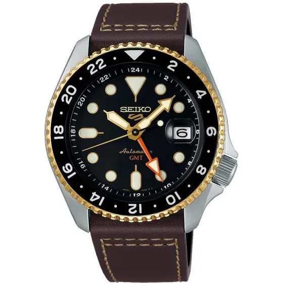 Seiko 5 Sports GMT SSK036K1 – sort skive, brun læderrem (43 mm)