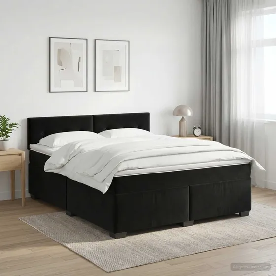vidaXL Boxmadras med topmadras og hovedgærde, Sort Fløjl, 140x200 cm
