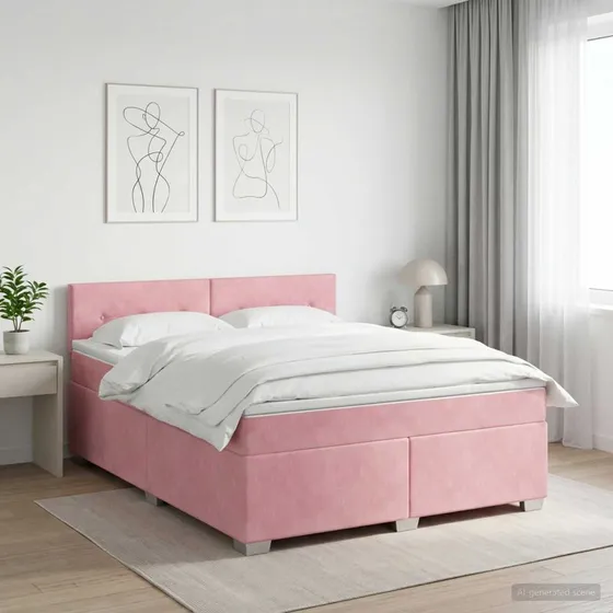 vidaXL Boksmadras med topmadras Lyserød Fløjl 140 x 190 cm