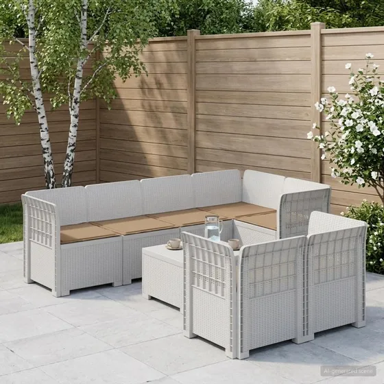 vidaXL 7-personers have-sofa i hvidt rattanlook med puder