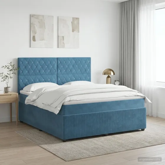 vidaXL Boxmadras med topmadras og hovedgærde, Blå Fløjl, 140x190 cm
