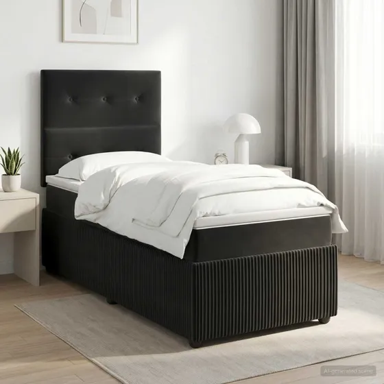 vidaXL Boxmadras med topmadras og hovedgærde, Sort Fløjl, 100x200 cm