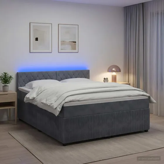 vidaXL Boxmadras med topmadras 160 x 200 cm Mørkegrå Fløjl med LED