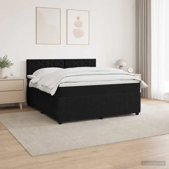 vidaXL Boxmadras med topmadras og hovedgærde, Sort Fløjl, 140x200 cm