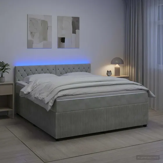 vidaXL Boksmadras med topmadras og LED 140 x 190 cm Lysegrå Fløjl