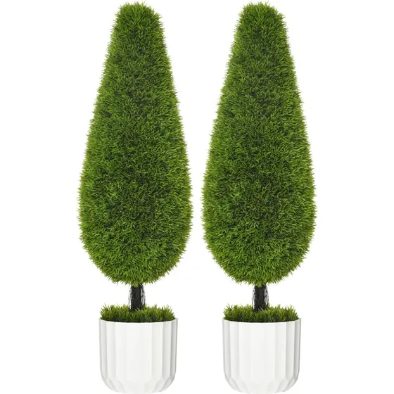 Kunstig Cypress-sæt, 90 cm, Grøn med hvid plantekasse og mos