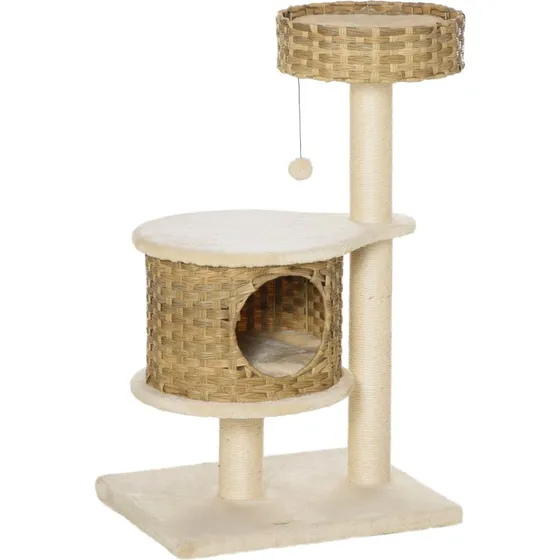 Kattetårn i Rattan med kattehule og boldlegetøj, 55x47x95 cm, Beige