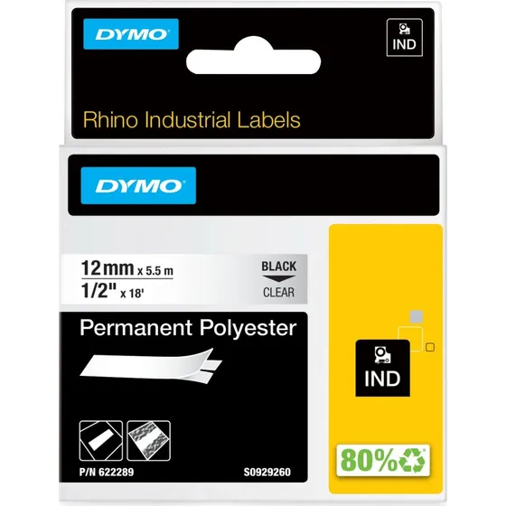 DYMO Rhino Industri Tape Permanent Polyester Sort/Klar 12mm x 5,5m