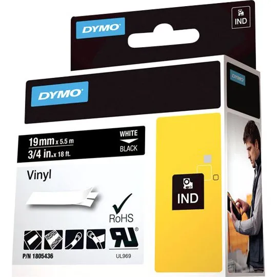 DYMO Rhino Industri Vinyl Tape 19mm x 5,5m - Hvid på sort