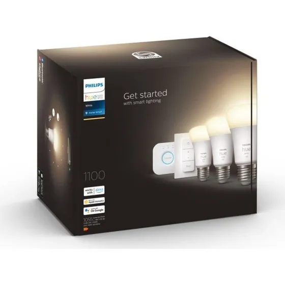 Philips Hue Startsæt White E27 9,5W 806lm 3-pak med Bridge og Dimmer