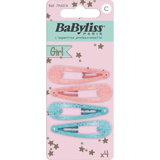 BaByliss KIDS Glitter Hair Clips - 4 stk. i lyserød og lyseblå