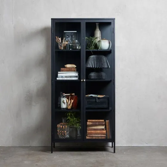 Carmel Højskab 190 cm - Sort metal med 2 glaslåger