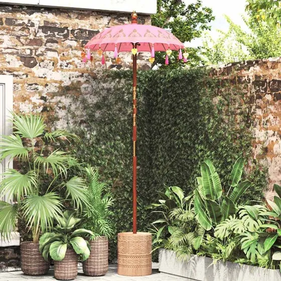 vidaXL Balinesisk parasol med base Lyserød 95 x 95 x 260 cm