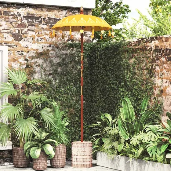vidaXL Balinesisk parasol med base, Gul, 95 x 95 x 260 cm